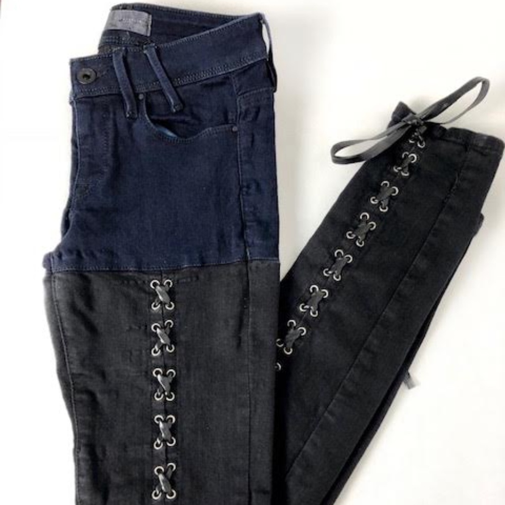 Guess Lace-Up Low Rise Two Tone Skinny Jeans